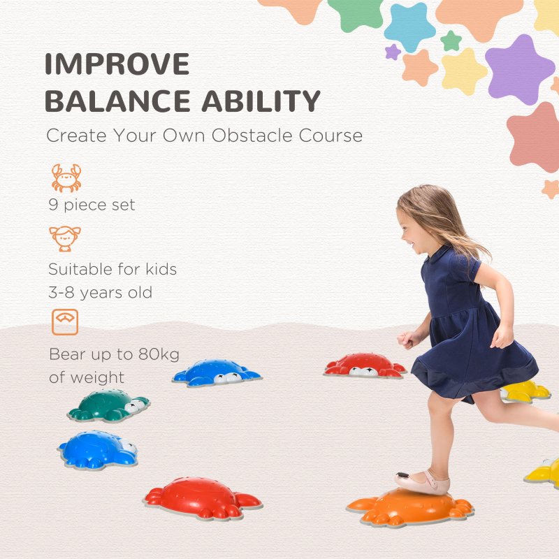 ZONEKIZ Stepping Stones Kids, 9PCs Crab-Designed Balance River Stones with TPE Anti-Slip Edge, Indoor Outdoor Sensory Toy, Obstacle Courses, Stackable