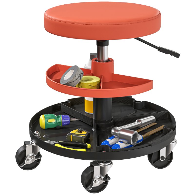 HOMCOM Rolling Mechanic Stool, 135kg Capacity Workshop Stool, 360?? Swivel Roller Padded Creeper Seat with Wheels, Tool Trays Storage for Garage, Shop, Auto Repair, Yellow