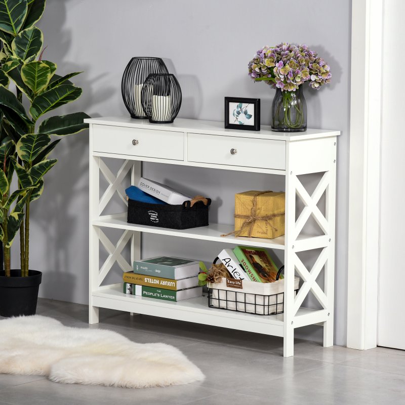HOMCOM Console Table Side Desk w/ Shelves Drawers Open Top X Support Frame Living Room Hallway Home Office Furniture