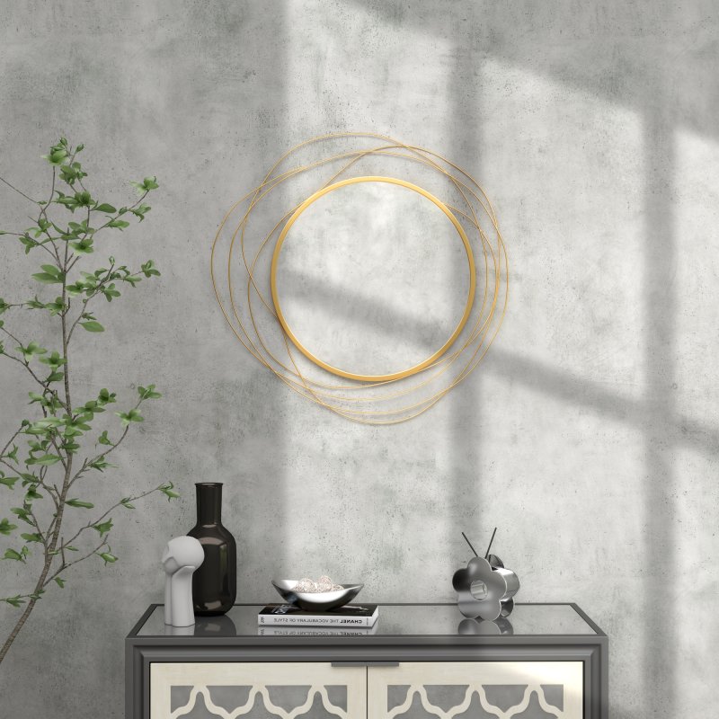 HOMCOM Metal Wall Art 65cm Modern Decorative Mirror Decor Hanging Home Wall Sculptures for Living Room Bedroom Dining Room, Gold