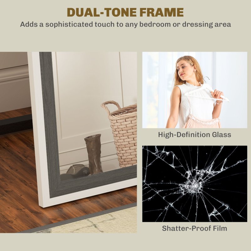 HOMCOM Full Length Mirror, 163 x 53 cm Full Body Mirror with Frame, Free Standing, Hanging or Leaning Against Wall for Bedroom, Living Room, Grey Wood Effect
