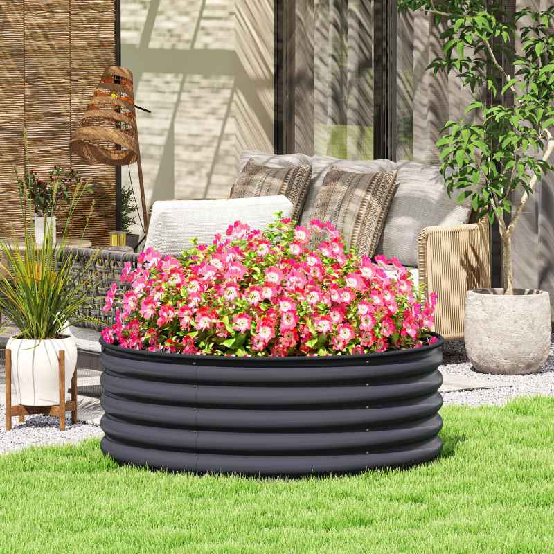Outsunny Galvanised Raised Garden Bed with Safety Edging, Outdoor Raised Planter Box with Gloves and Open Bottom, Metal Raised Bed for Flowers, Vegetables and Herbs, 120 x 120 x 43cm, Dark Grey