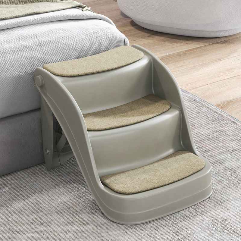 PawHut Foldable Pet Stairs Portable Dog Steps 3-Step Design with Non-slip Mats for High Beds, Sofas, 49 x 38 x 38 cm, Grey