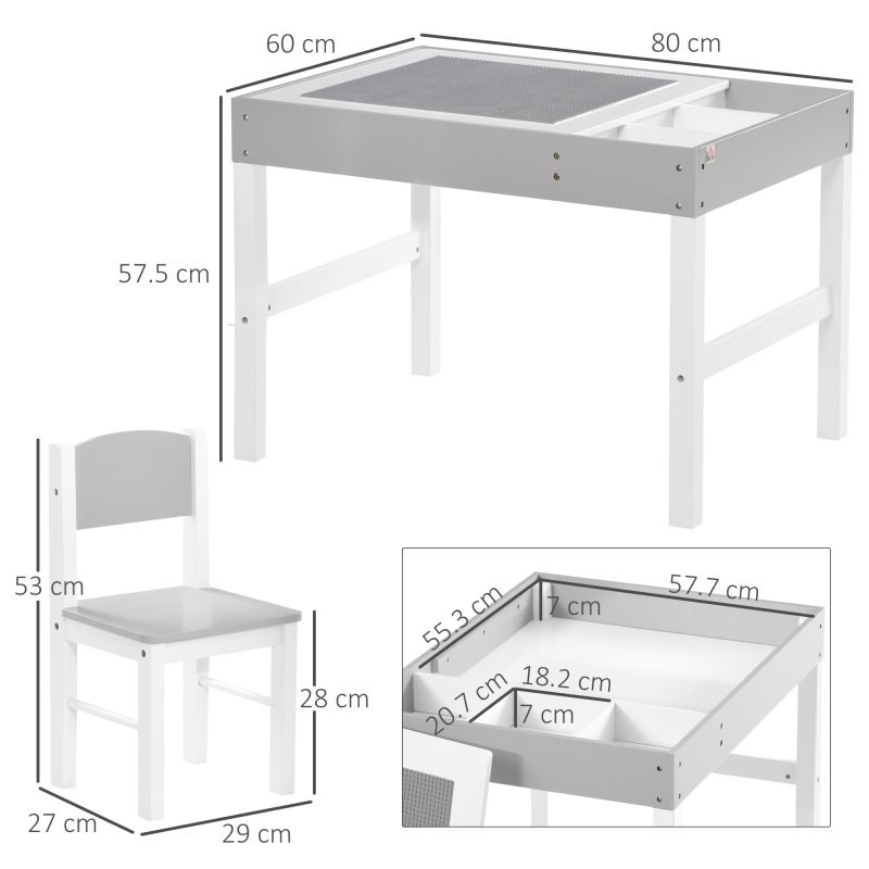HOMCOM kids Table and Chair Set 2 in 1 Activity Play Table for Bricks Toddler Furniture w/Storage Space, Ideal for Reading, Arts & Crafts - Grey