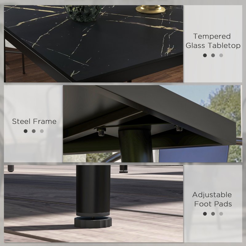 Outsunny Outdoor Dining Table for 4, Square Garden Table with Marble Effect Tempered Glass Top and Steel Frame for Balcony, Patio, 90cm x 90cm, Black