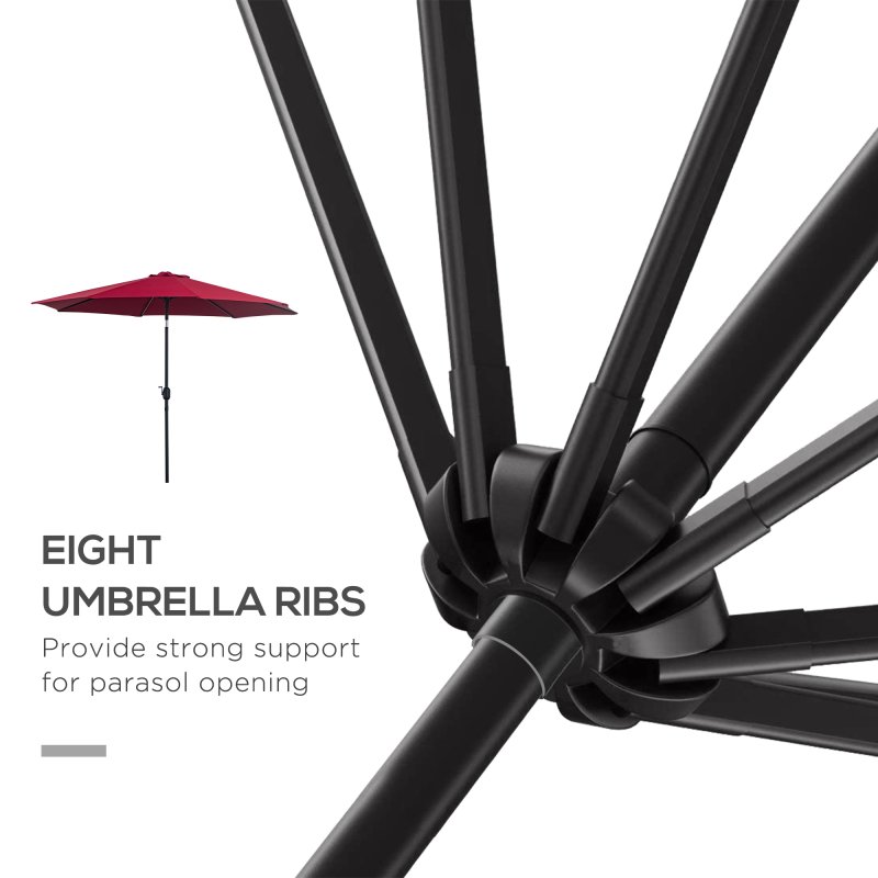 Outsunny 3(m) Garden Parasol Umbrellas, Outdoor Sun Shade with 8 Ribs, Tilt and Crank Handle for Balcony, Bench, Garden, Wine Red