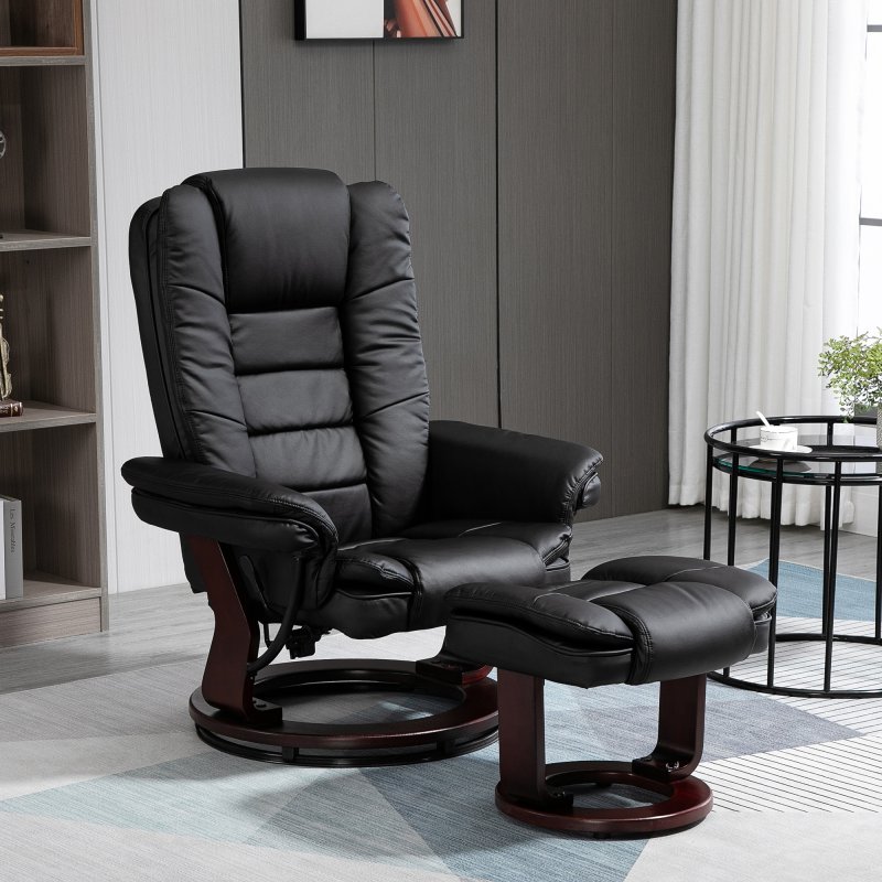 HOMCOM Recliner Chair With footstool, Recliner Armchair up to 130kg Weight Capacity, 135 Reclining Swivel Sofa Chair, PU Leather Ergonomic Couch Bed with Swivel Wood Base for Living Room, Black