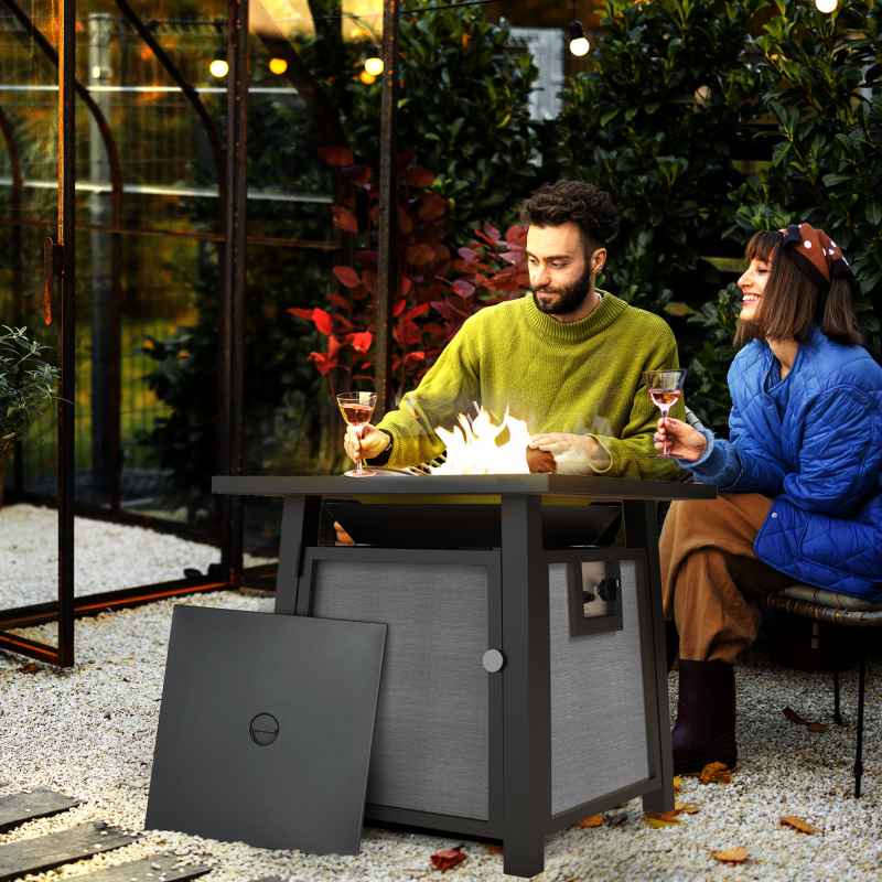 Outsunny Propane Gas Fire Pit Table, 50000 BTU Smokeless Firepit Outdoor Patio Heater with Waterproof Cover, Glass Beads and Lid, 71 x 71 x 66.5cm, Dark Grey