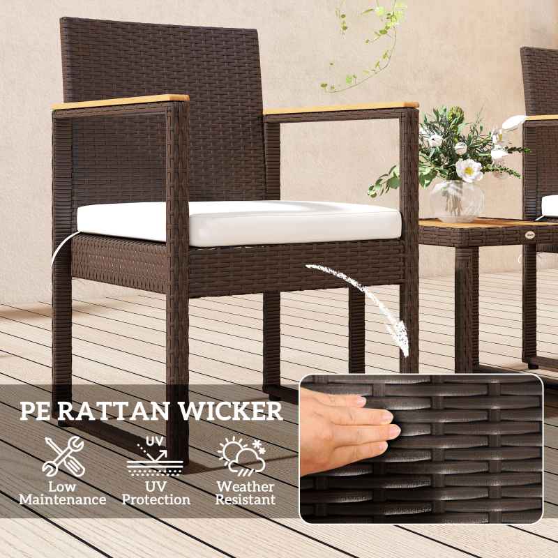 Outsunny 3-Piece Rattan Bistro Set, Patio Table and Chairs Set with Removable Cushions, Rattan Conversation Set with Acacia Wood Table & Adjustable Foot Pads for Garden Balcony, White