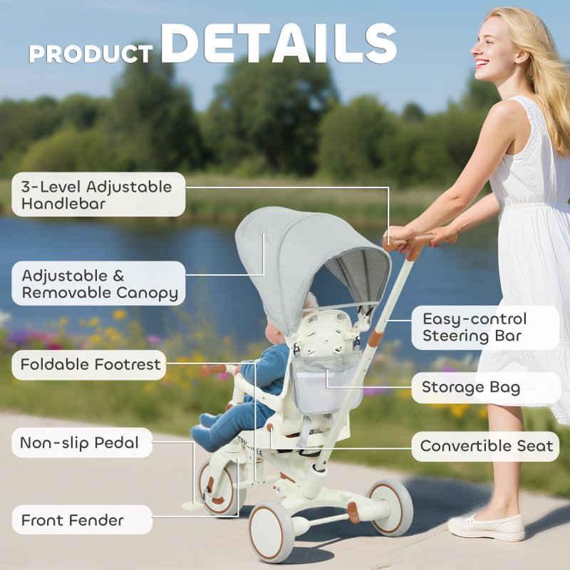 AIYAPLAY Kids Trike, Foldable Toddler Tricycle 5 in 1 with Adjustable Parent Handle & Removable Canopy, 5-point Safety Harness, Footrest, Storage Bag, for Ages 1-3 Years, Cream White