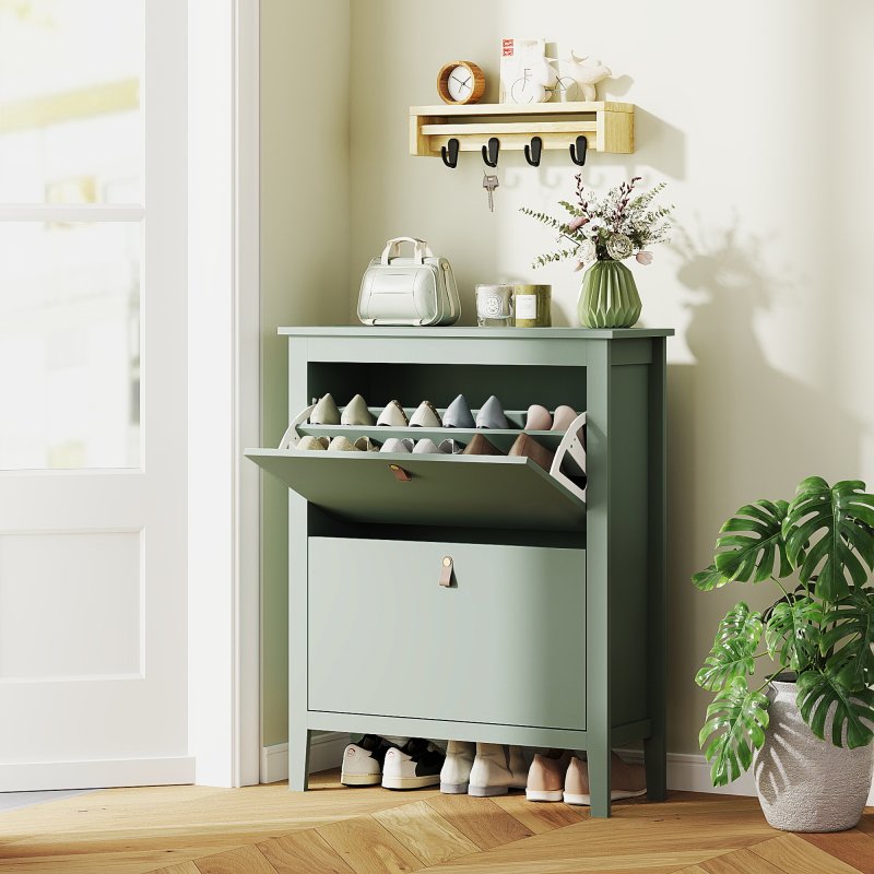 HOMCOM 2 Drawer Shoe Cabinet with Flip Doors, Narrow Shoe Storage Cabinet with Removable and Adjustable Shelves, 14 Pairs Footwear Cupboard for Hallway, Entryway, 80 x 24 x 95.5 cm