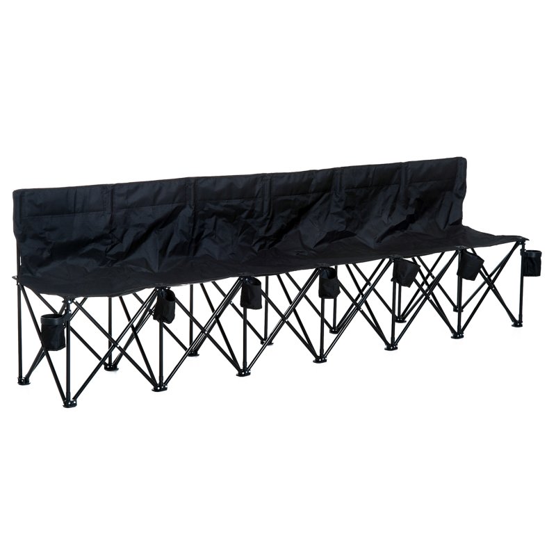 Outsunny 6 Seater Folding Bench, Outdoor Camping Chair Portable Sports Spectator Chair with Metal Frame, Cup Holder & Carry Bag, Black