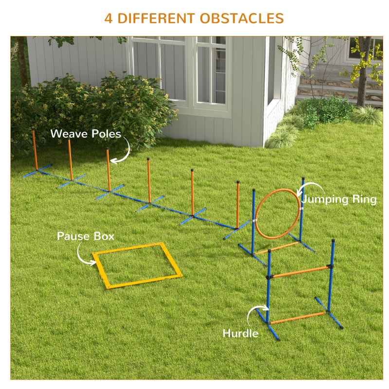 PawHut Dog Agility Training Equipment, Dog Outdoor Games with Weave Poles, Jump Ring, Pause Box, Adjustable Hurdle, Pet Obstacle Course Training Set with Carry Bag, Orange