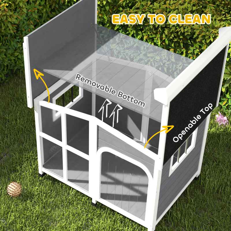 PawHut Wooden Dog Kennel, Elevated Dog House with Removable Floor, Asphalt and Openable Roof, Giant Window, Outdoor Pet House Shelter for Large Dogs, Charcoal Grey