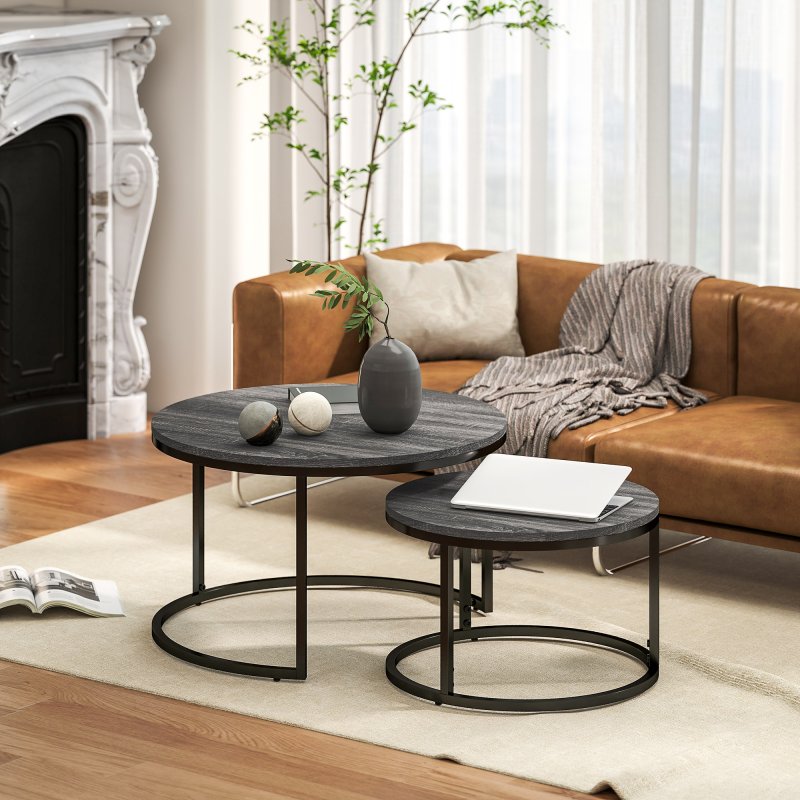 HOMCOM Round Nesting Coffee Table Set of 2, Large Stacking End Side Table with Steel Frame for Living Room, Bedroom, Home Office, 78.5 x 78.5 x 46.5 cm, Black