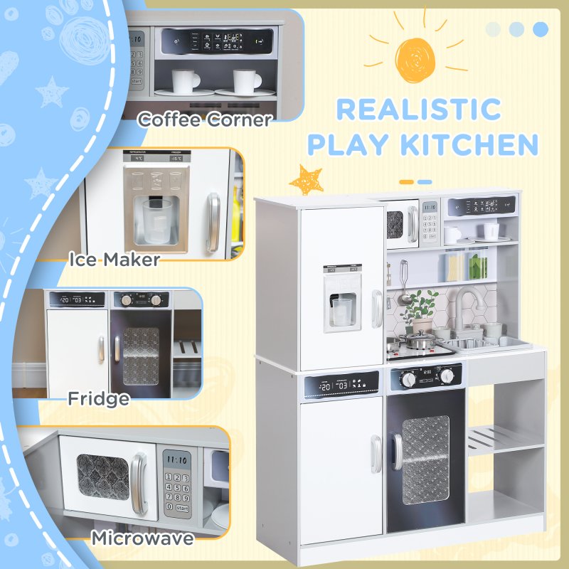 AIYAPLAY Play Kitchen, Pretend Toy Kitchen, Kids Kitchen Playset with Sounds and Lights Cooking Stove, Running Water, Coffee Maker Refrigerator, Microwave, Kitchen Accessories