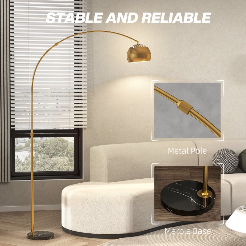 HOMCOM 180cm Arc Floor Lamp for Living Room, Modern Adjustable Standing Lamp with Foot Switch, Faux Black Marble Base and Bell Shade for Home Offices, Bedrooms, Gold Tone