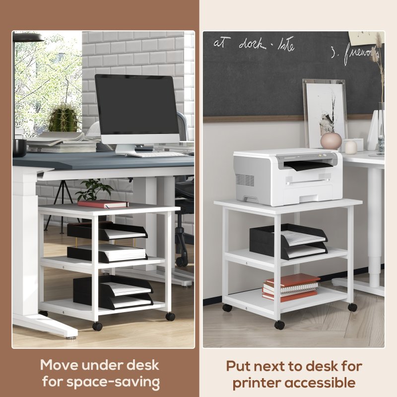 HOMCOM 3-Tier Printer Stand with Storage Shelf, Mobile Printer Table on Wheels, 50 x 50 x 52.5cm Rolling Printer Cart for Home Office, White