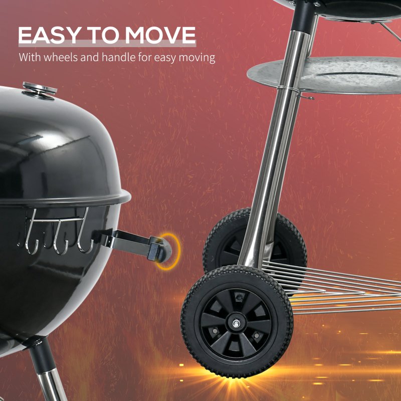 Outsunny Portable Kettle Charcoal Grill BBQ Smoker with Cover, Outdoor Round Barbecue with Lid, Thermometer, Turner, Knife, Clip, Storage Shelf, & Wheels for Party Patio Garden