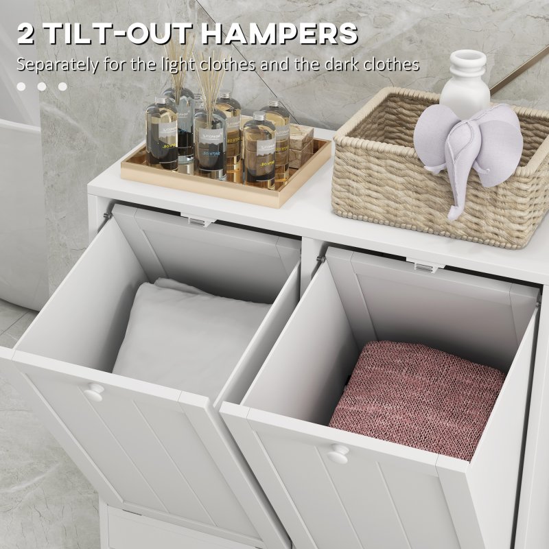 kleankin 2 Doors Laundry Cabinet, Bathroom Cabinet with 2 Tilt-Out Hampers, Modern Storage Unit for Washroom, White