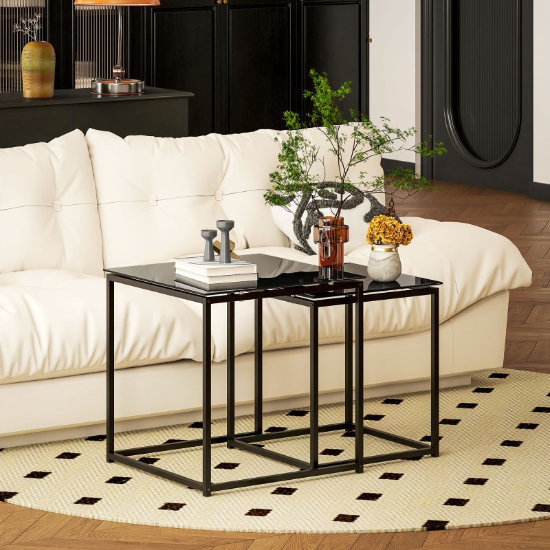 HOMCOM Nest of Tables, Set of 2 Coffee Table, Side Tables with Tempered Glass Desktop and Metal Frame for Living Room, Bedroom, Office