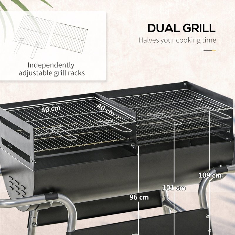 Outsunny Charcoal Barbecue Grill BBQ Trolley with Double Grill, Adjustable Grill Height, Side Table, Storage Shelf, and Wheels for Outdoor Cooking, 130 x 51 x 111cm, Black