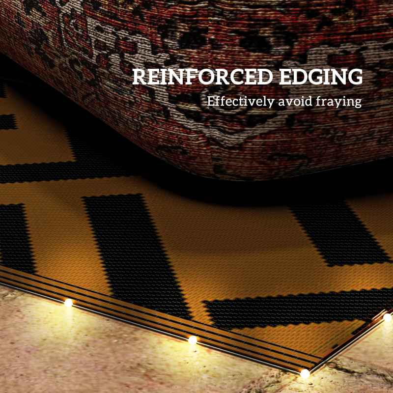 Outsunny Reversible Outdoor Rug with LED String Lights, Waterproof Plastic Straw Mat with Carry Bag for Garden, Deck, RV, Picnic, Beach, Camping, 182 x 274cm, Brown and Black