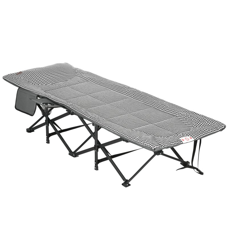 Outsunny Camping Bed for Adults, Single Folding Camp Bed, Padded Portable Camping Cot for Sleeping, with Carry Bag, Side Pocket and Cup Holder for Outdoor, Travel, Fishing, Black