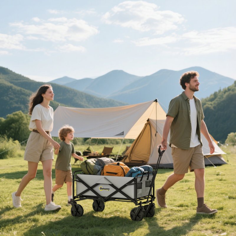 Outsunny 90L Festival Trolley on Wheels, Folding Camping Trolley Cart with Adjustable Handle, Portable for Outdoor, Garden, Shopping, Fishing, Dark Grey