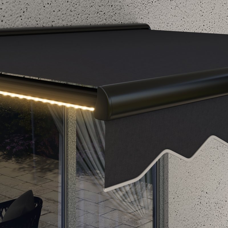 Outsunny 3 x 2.5m Electric Awning with LED Light and Remote Controller, Aluminium Frame Retractable Awning Half Cassette Sun Canopies for Garden Patio Deck Door Window