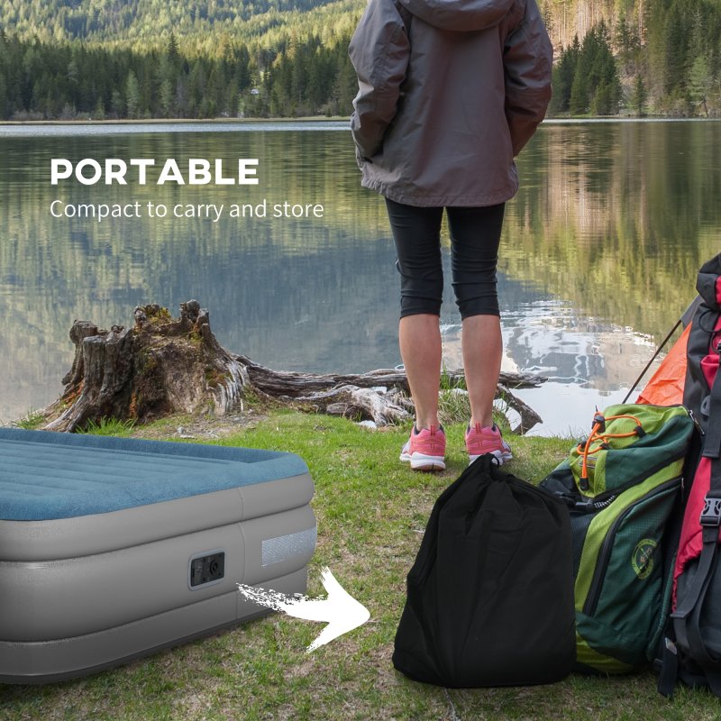 Outsunny King Size Air Bed with Built-in Pump, Inflatable Mattress with Carry Bag, Flocked Surface, Blow Up Airbed for Guest, Camping, Travel, 203 x 152 x 46cm, Blue and Grey
