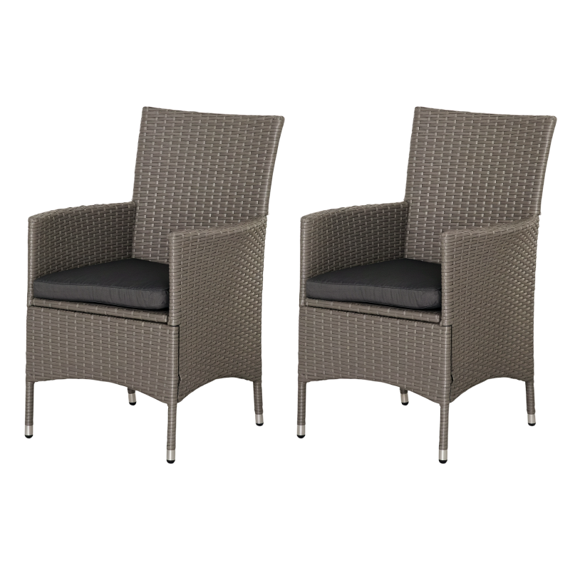 Outsunny 2 Pieces Outdoor PE Rattan Dining Chairs Set with Cushion, Garden Armchair with Armrests, High Backrest, Metal Frame Patio Wicker Furniture, Grey