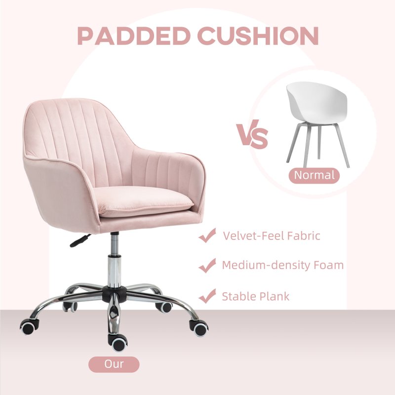HOMCOM Office Chair, Swivel Desk Chair, Velvet-Feel Fabric Vanity Chair with Adjustable Height and Rolling Wheels for Home Work Study, Pink