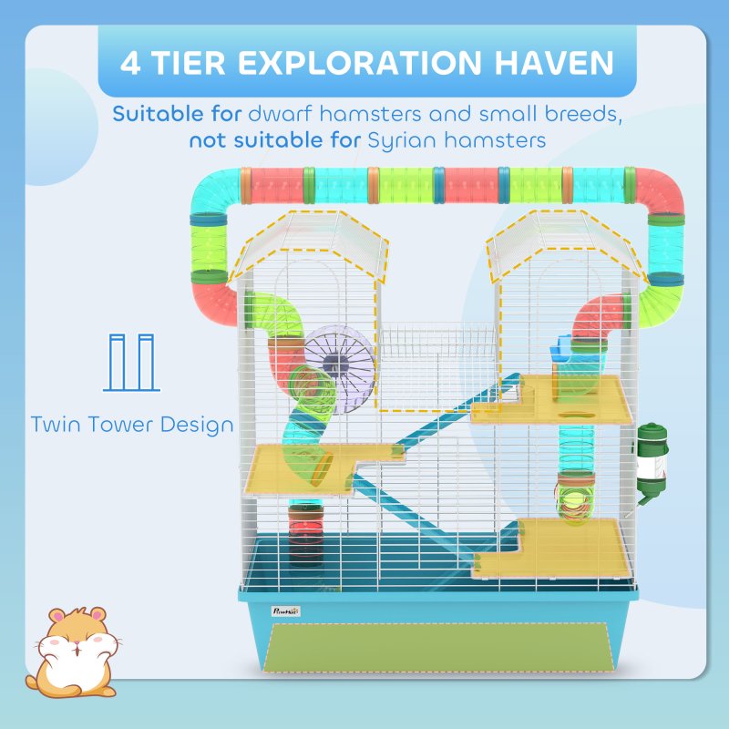 PawHut 4 Tier Hamster Cage with Tube, Exercise Wheel, Hut, Water Bottle, Food Dish, Ramps, DIY Design, Large Hamster Cage for Dwarf, Light Blue