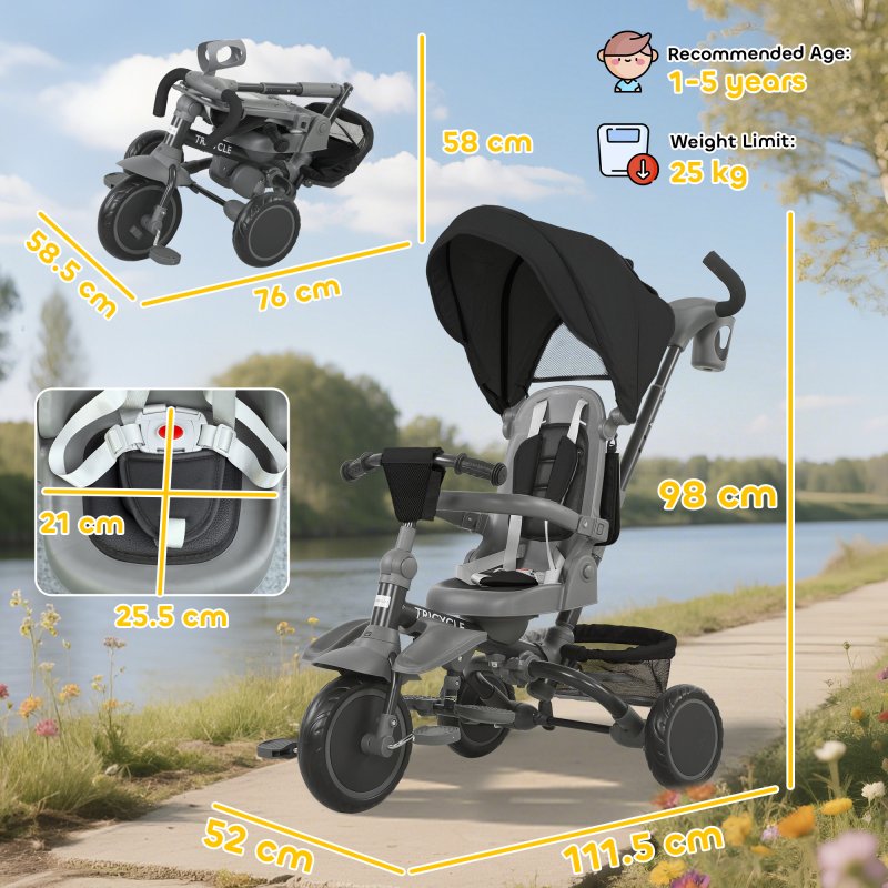 AIYAPLAY Kids Trike, 6 in 1 Toddler Tricycle with Adjustable Parent Handle & Canopy, Convertible Seat, for Ages 1-5 Years, Foldable Baby Trike with Safety Harness, Storage Basket & Bag, Black