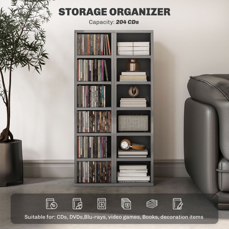 HOMCOM 204 CD Media Display Shelf Unit Set of 2 Blu-Ray Tower Rack w/ Adjustable Shelves Bookcase Storage Organiser, High Gloss Grey
