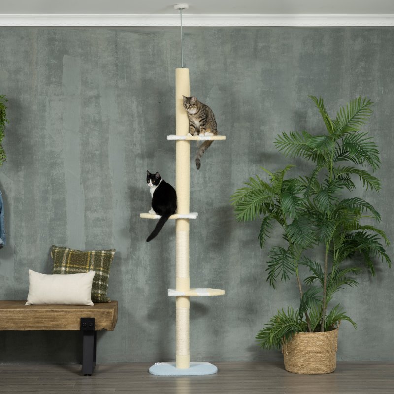 PawHut 260cm Floor to Ceiling Cat Tree, Height Adjustable Kitten Tower with Anti-slip Kit, Multi-Layer Activity Centre w/ Fish-shaped Perches Scratching Post Ball Toy - Yellow