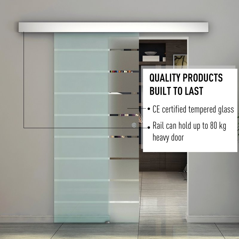 HOMCOM 90cm Sliding Glass Door with Hardware Track Kit, Frosted Tempered Glass with Stripe Pattern, Round Handle