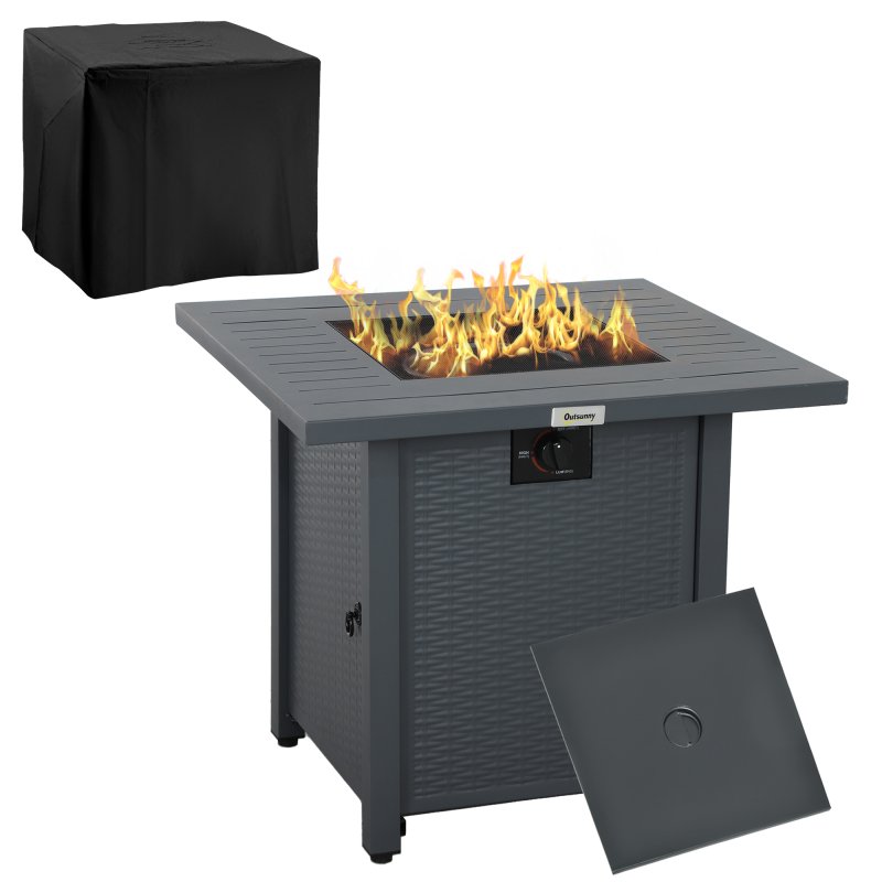 Outsunny Rattan-style Propane Gas Fire Pit Table with 40,000 BTU Burner, Square Smokeless Firepit Patio Heater with Thermocouple, Lava Rocks, Waterproof Cover, Spark Guard and Lid, Grey