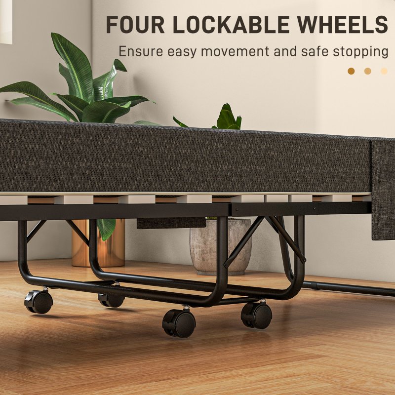HOMCOM Folding Bed with Mattress, Foldable Guest Bed on Wheels, Portable Single Bed with 10cm Mattress, Side Pockets, Cover, 190 x 80cm, Dark Grey