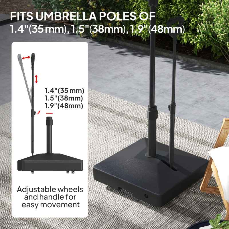 Outsunny Garden Parasol Base with Adjustable Wheels and Handle, Garden Sun Umbrella Base Parasol Stand, Filled Up to 55kg with Stand, 45kg with Water for 35, 38, 48 mm Poles, Black