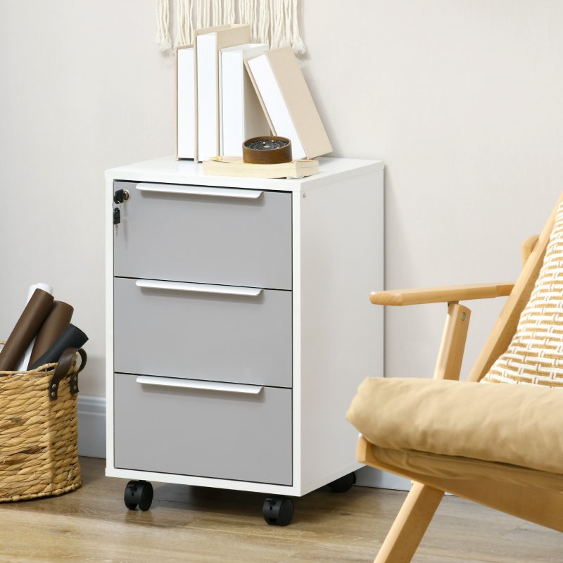 HOMCOM 3-Drawer Lockable Filing Cabinet, File Cabinet on Wheels, Mobile Office Storage Drawers for Home Office, Bedroom and Living Room