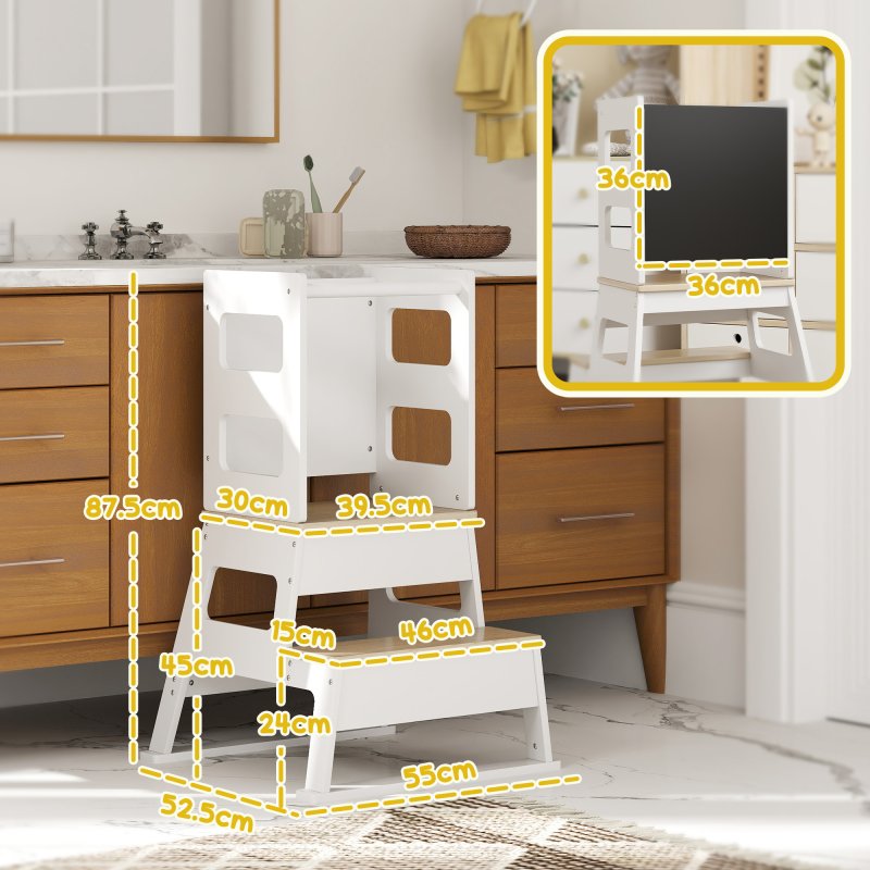 AIYAPLAY Toddler Tower, 2 in 1 Toddler Step Stool with Chalkboard, Safety Rail, Kids Standing Tower for Kitchen, Counter, Bathroom, Sink, White