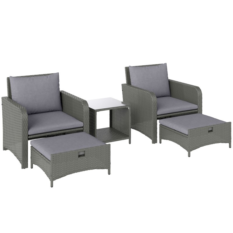 Outsunny 5 Piece Rattan Garden Furniture Set, Wicker Patio Conversation Set with 2 Chairs, 2-Tier Coffee Table, 2 Ottomans and Thick Cushions for Outdoor, Balcony, Bistro, Porch, Grey