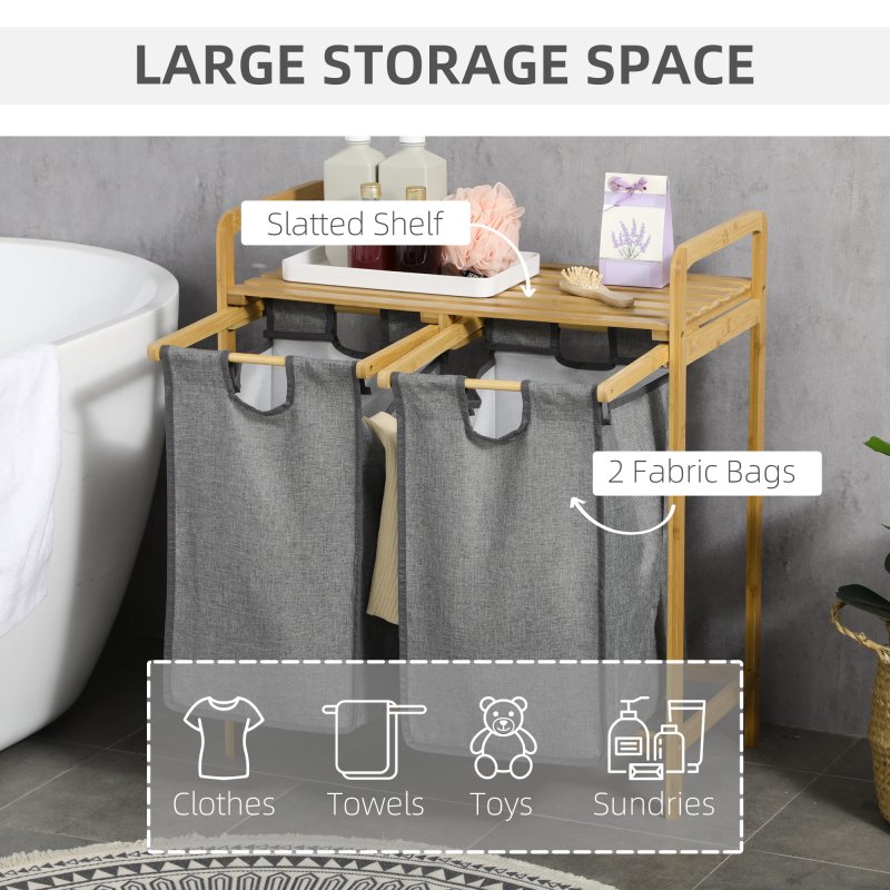 HOMCOM Bamboo Laundry Basket, Laundry Hamper with Shelf, 2 Pull-out Bags for Bedroom, Bathroom, Laundry Room, 64 x 33 x 73 cm, Grey