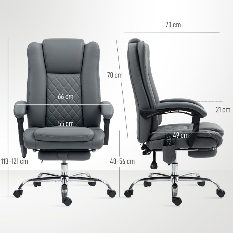 HOMCOM Executive Office Chair with 6-point Massage and Heat, PU Leather Reclining Desk Chair with Tufted High Back, Height Adjustable, Swivel Wheels, Footrest, for Home, Light Grey
