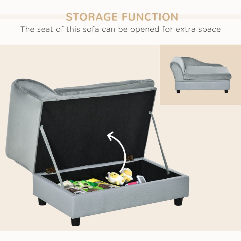 PawHut Dog Sofa with Storage, Pet Chair for Small Dogs, Cat Couch with Soft Cushion, Light Grey, 76 x 45 x 43 cm