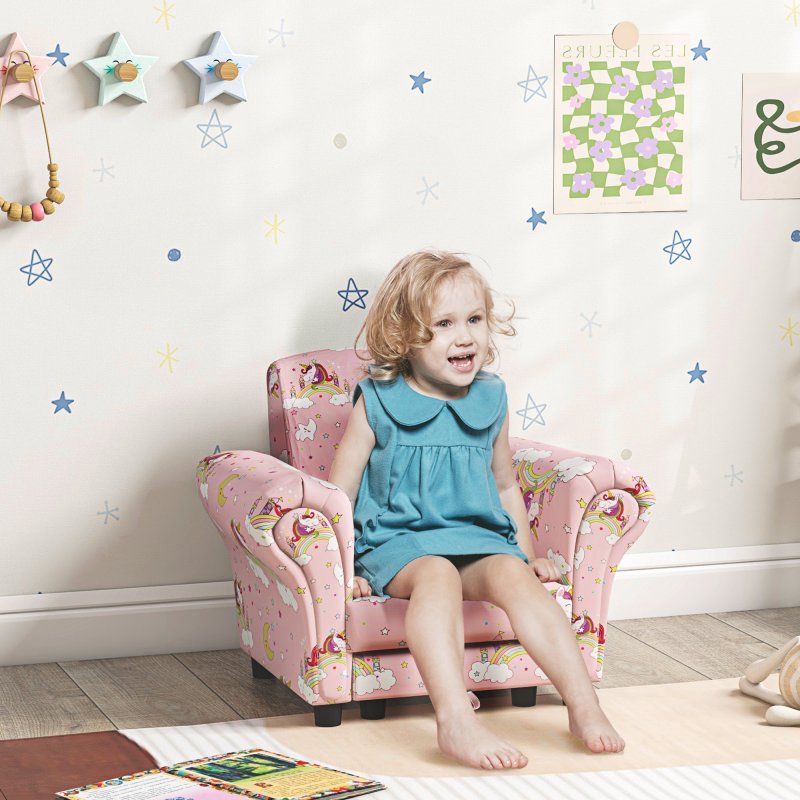 AIYAPLAY Kids Armchair with Stool, 2 Piece Kids Sofa Set with Unicorn Design, Wooden Frame, Upholstered Kids Chair for Bedroom, Playroom, Kid Room, for 1.5-3 Years Old, Pink