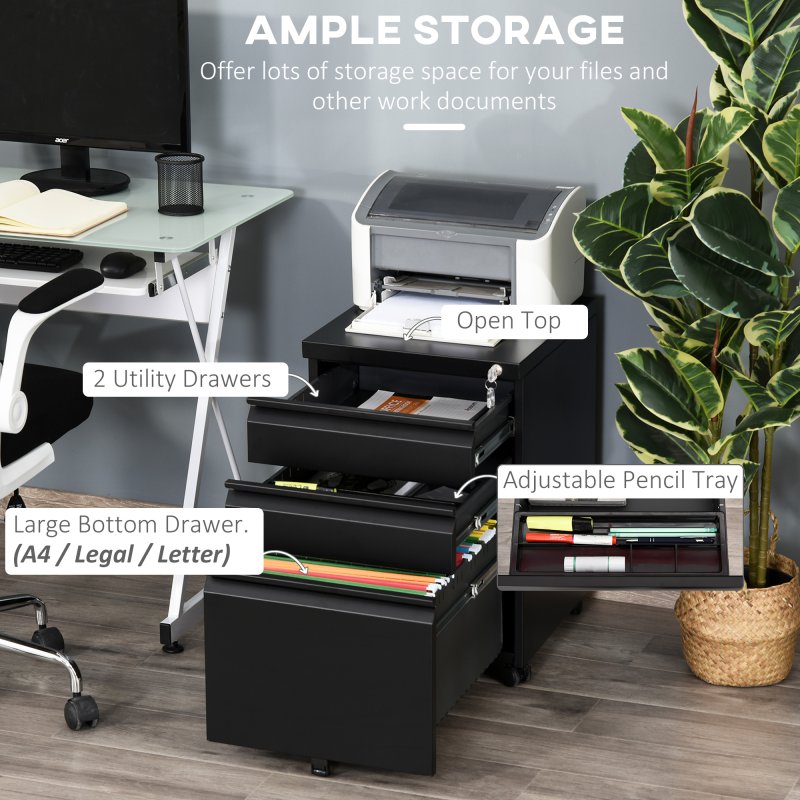 Vinsetto 3-Drawer Filing Cabinet with Lock, Mobile Steel File Cabinet for A4, Legal and Letter Size, Under Desk Drawers with Pre-Assembled Body for Home Office, 39 x 48 x 60 cm, Black