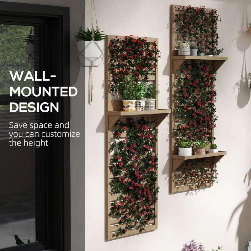 Outsunny Set of 2 Wall Mounted Plant Stand with Trellis, 170cm Wooden Plant Rack with Hanging Planter Shelves and Slatted Trellis for Climbing Plants, for Patio, Balcony, Porch, Natural